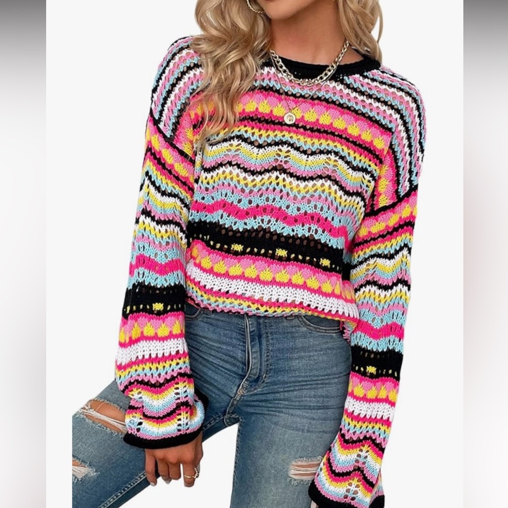 Y2K colorful cropped knit sweater with bell sleeves